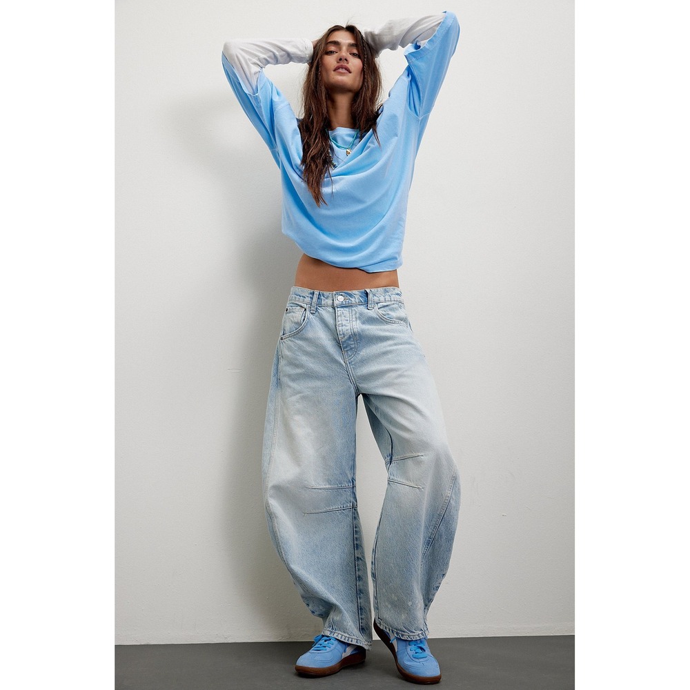 Free People We The Free Good Luck Mid-Rise Barrel Jeans Light Wash Blue 29